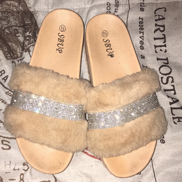 Beige Rhinestone Platform Slides - Picture 2 of 3